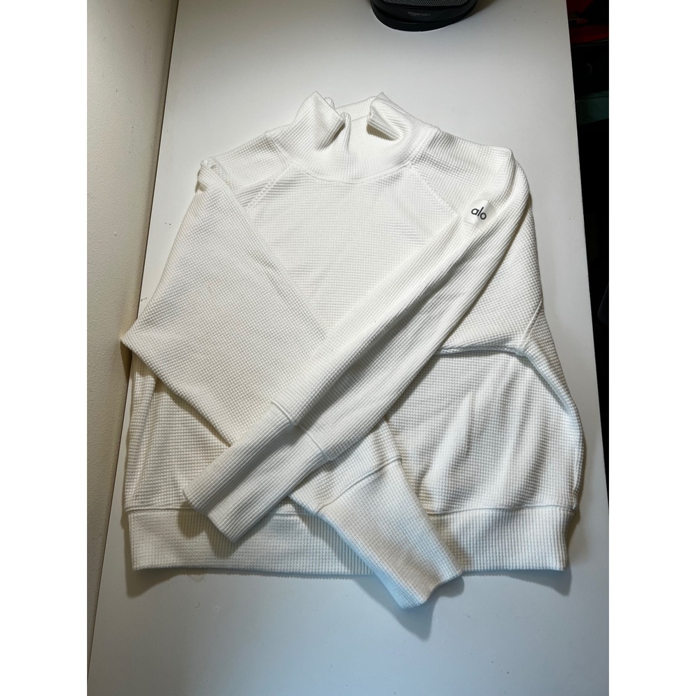 Alo Womens Yoga Waffle Weekend Escape Mock Neck M Ivory Long Sleeve Oversized